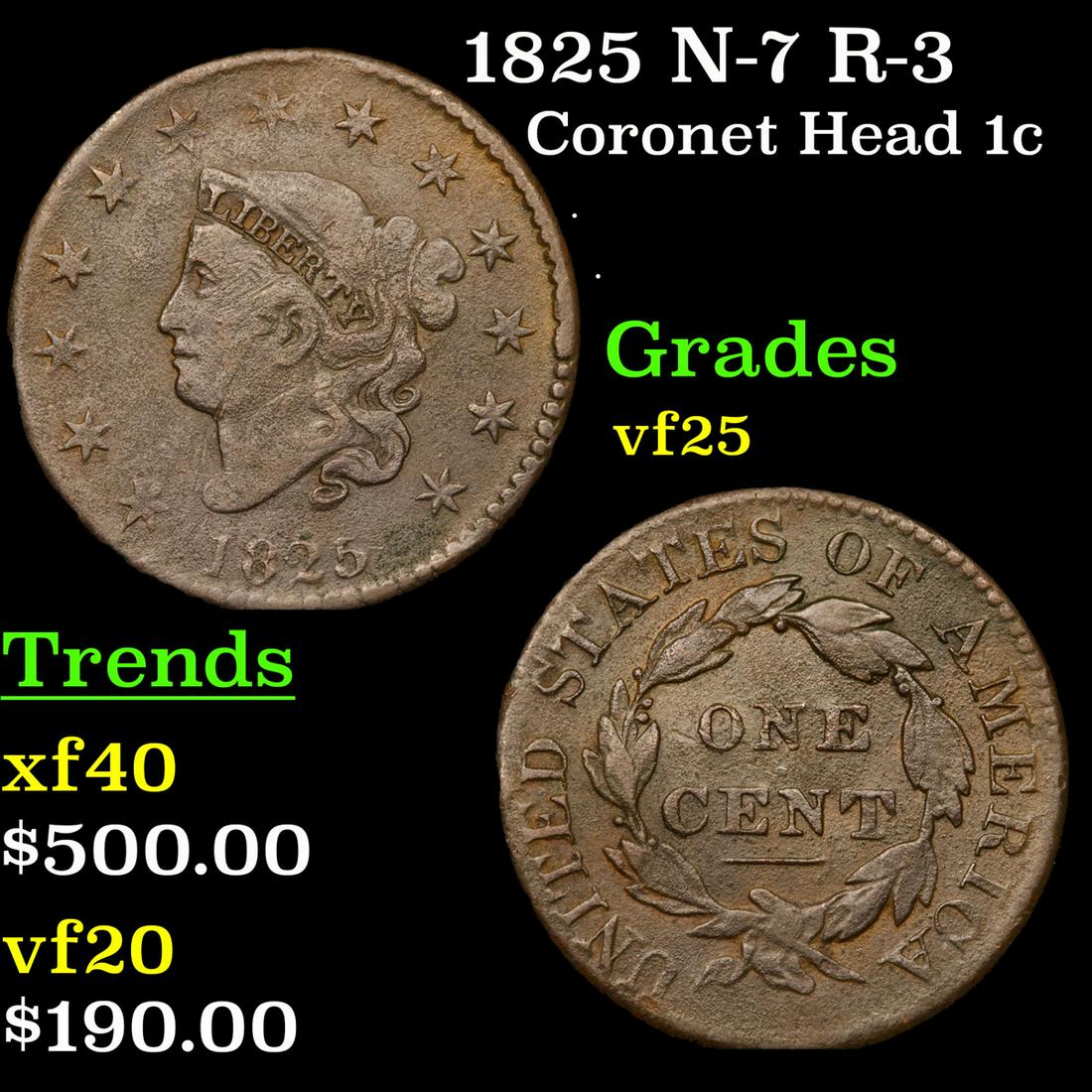 1825 N-7 R-3 Coronet Head Large Cent 1c Grades vf+ (1 of 3)