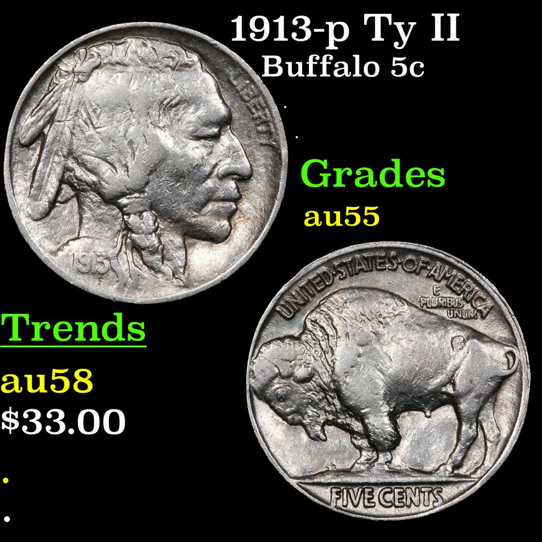 1913-p Ty II Buffalo Nickel 5c Grades Choice AU (1 of 3)
