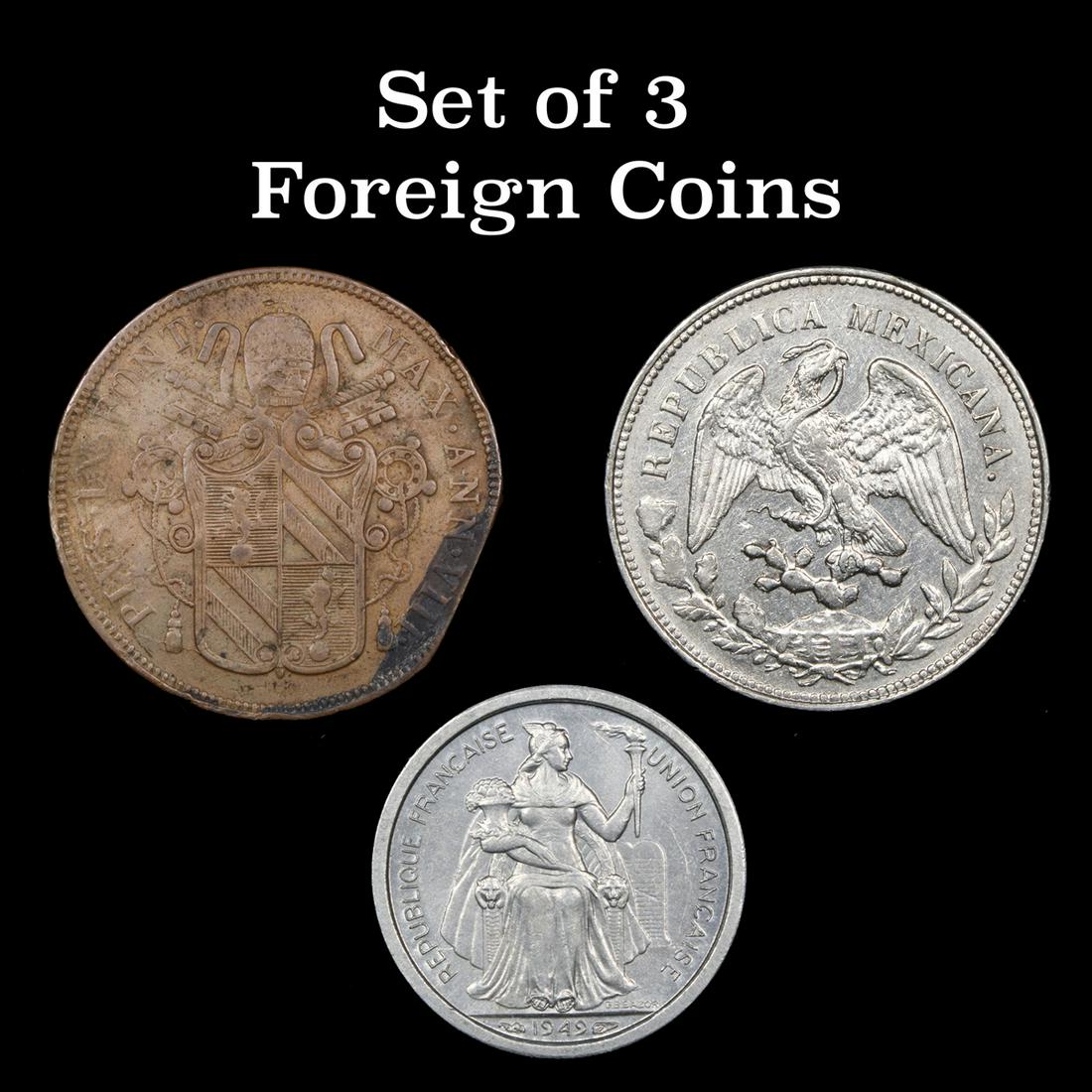 Group of 3 Foreign coins (France, Mexico, Italy): Group of 3 Foreign coins (France, Mexico, Italy). A nice group of 3 foreign coins. Coins included are 1853 Italian Papal Copper coin, 1903 Peso, and the 1949 French Oceania