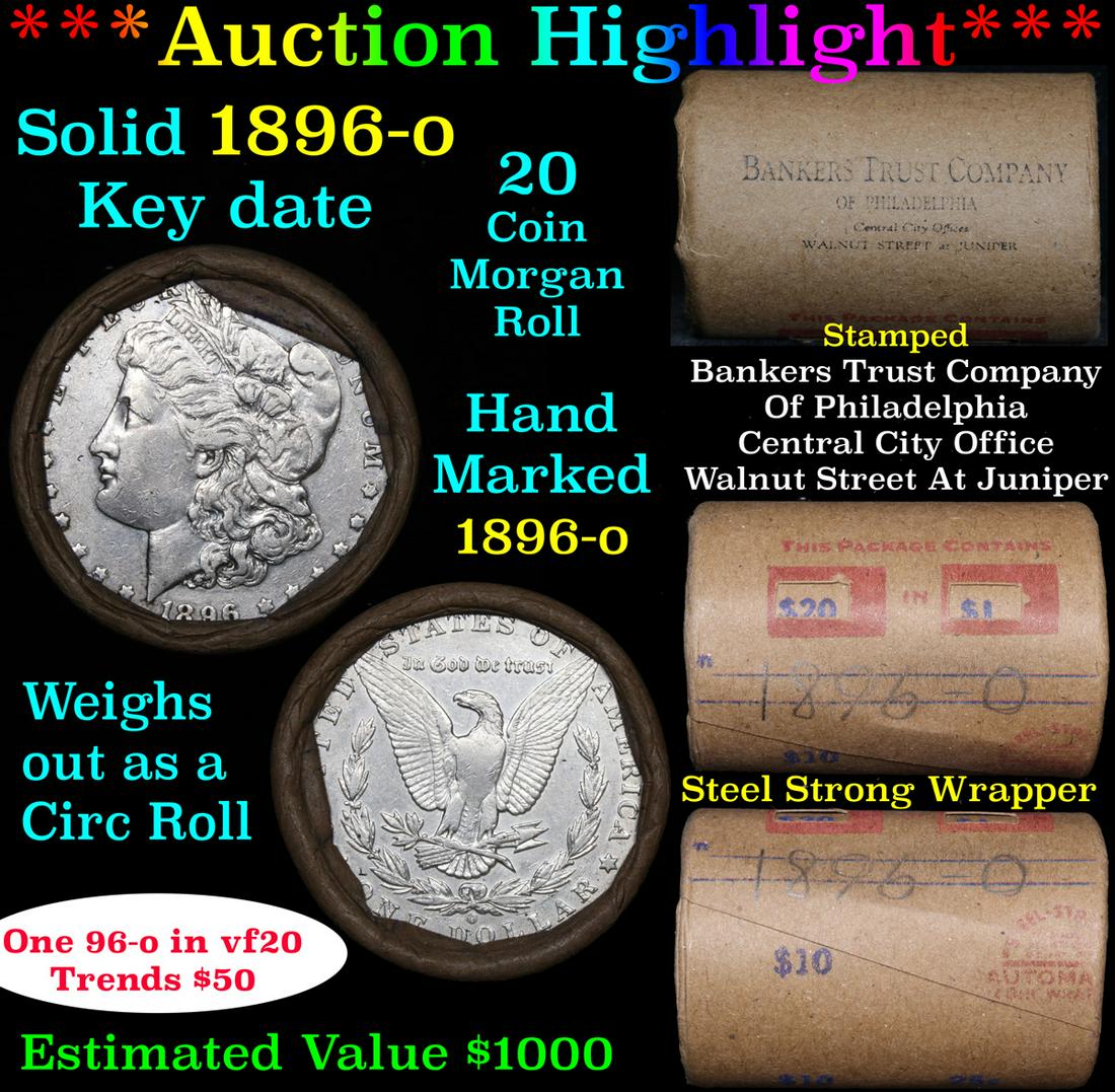 Full solid key date 1896-o Morgan silver dollar roll, (1 of 6)