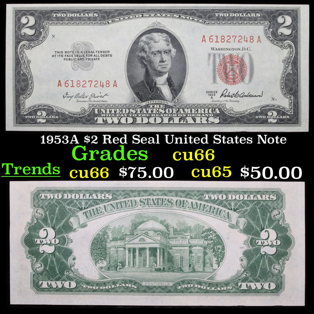 1953A $2 Red Seal United States Note Grades Gem+ CU (1 of 3)