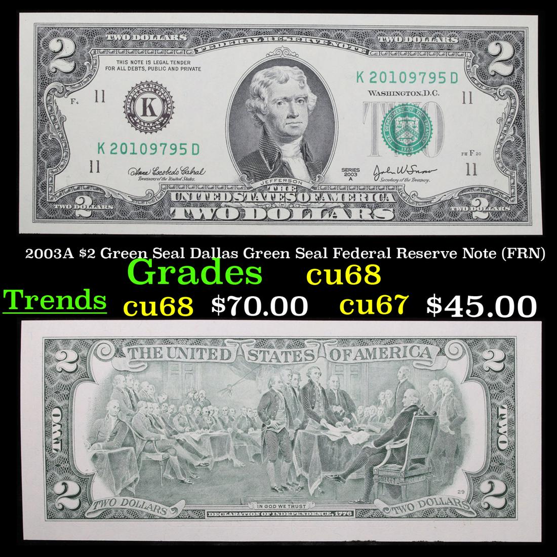 2003A $2 Green Seal Dallas Green Seal Federal Reserve (1 of 3)