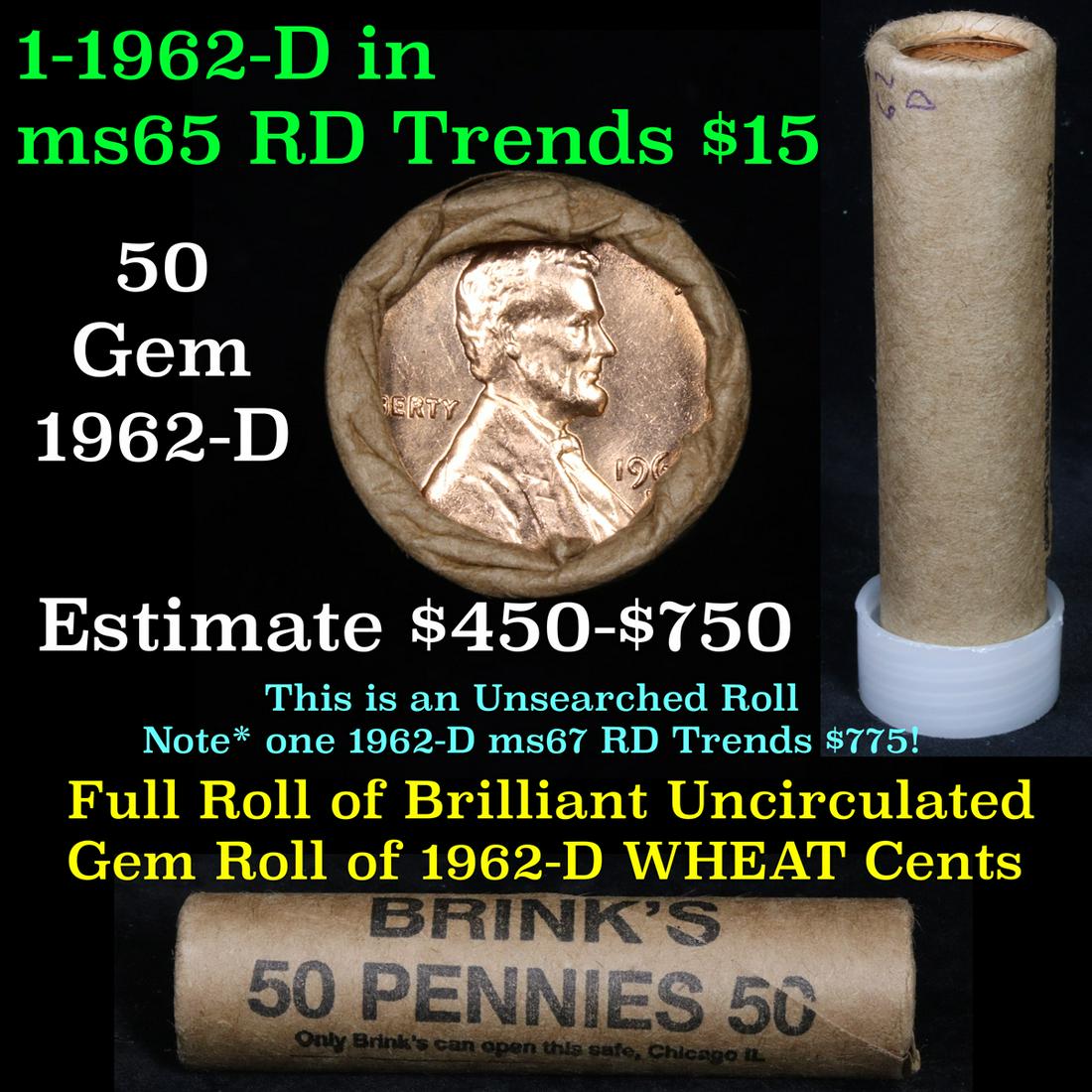 ***Auction Highlight*** Uncirculated 1c orig shotgun: ***Auction Highlight*** Uncirculated 1c orig shotgun roll, 1962-d In Old Brinks wrapper . A terrific orig shotgun roll of Lincoln cents. All coins cherry red. This is in an Old Brinks wrapper, "Only