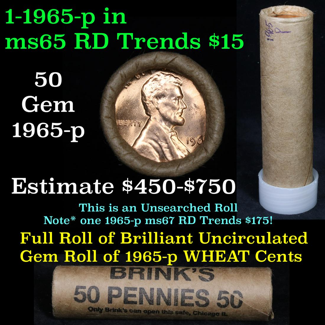 ***Auction Highlight*** Uncirculated 1c orig shotgun: ***Auction Highlight*** Uncirculated 1c orig shotgun roll, 1965-p In Old Brinks wrapper . A terrific orig shotgun roll of Lincoln cents. All coins cherry red. This is in an Old Brinks wrapper, "Only