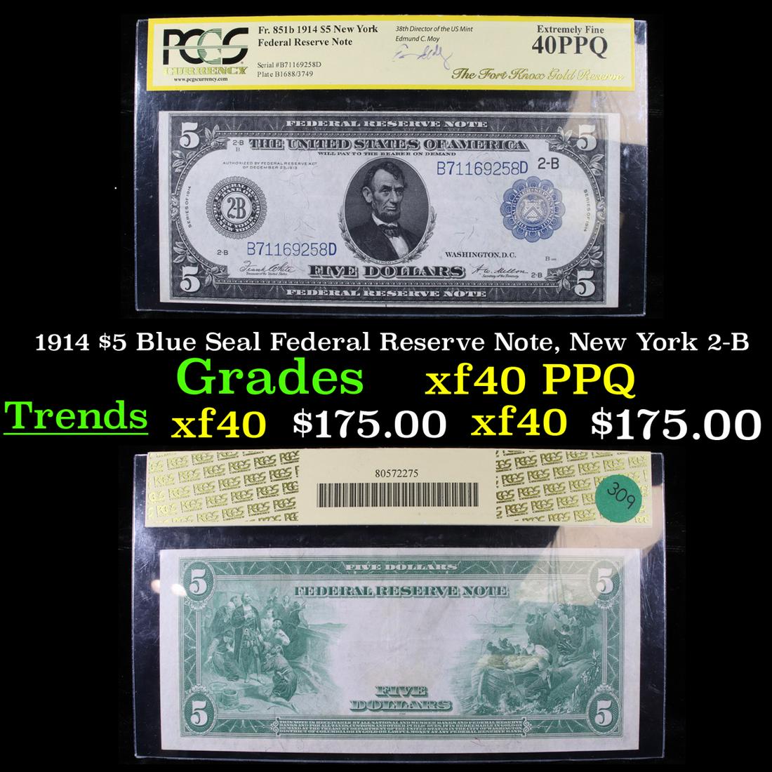 PCGS 1914 $5 Blue Seal Federal Reserve Note, New York (1 of 3)