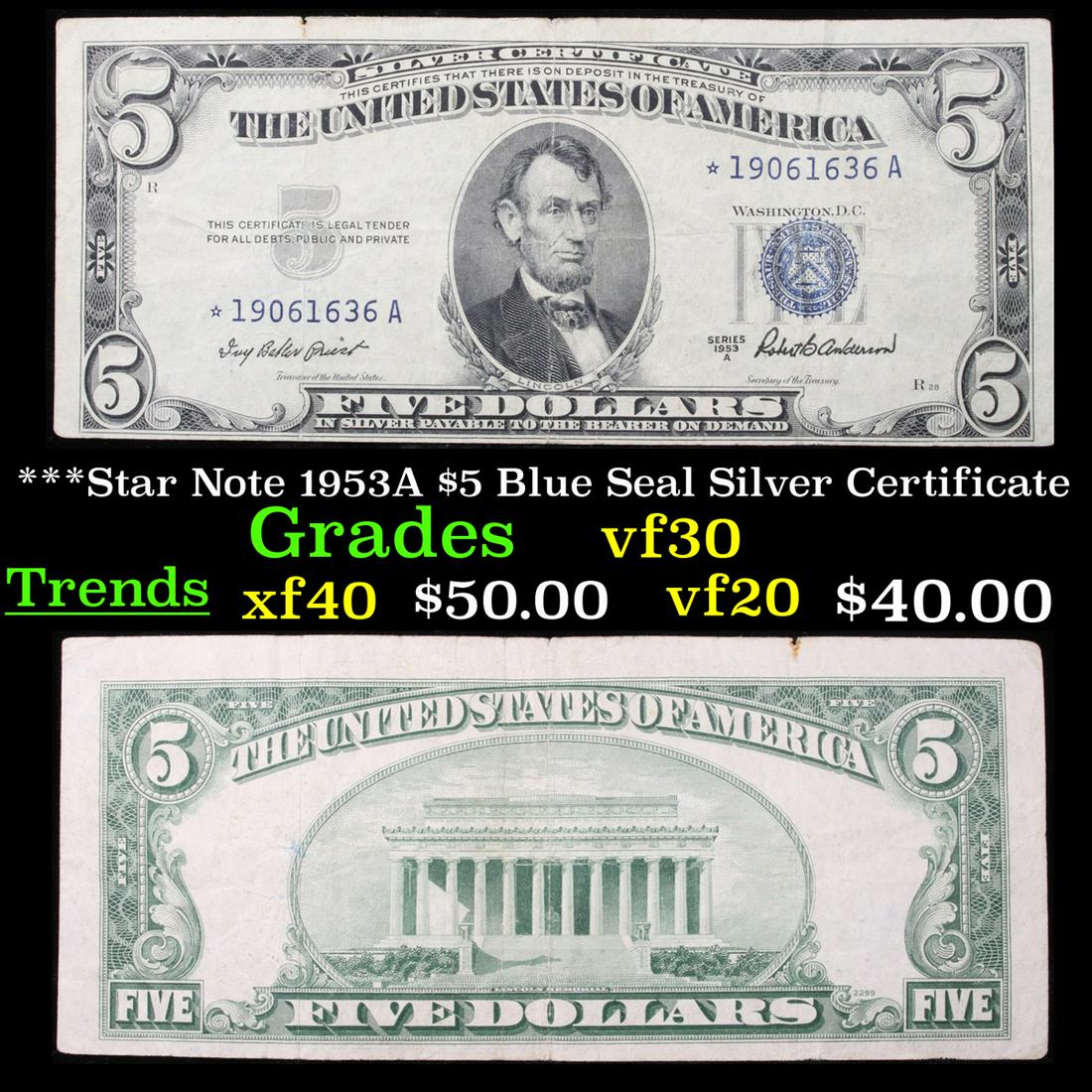 ***Star Note 1953A $5 Blue Seal Silver Certificate (1 of 3)