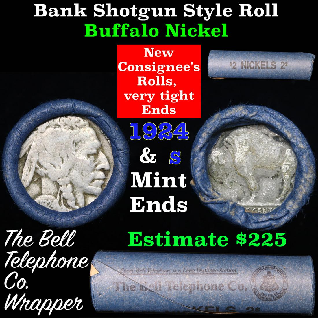 Buffalo Nickel Shotgun Roll in Old Bank Style 'Bell: Buffalo Nickel Shotgun Roll in Old Bank Style 'Bell Telephone' Wrapper 1924 & s Mint Ends. The roll is held in an old, rare "Bell Telephone Co." Bank style wrapper. This is the Bell Telephone logo fro