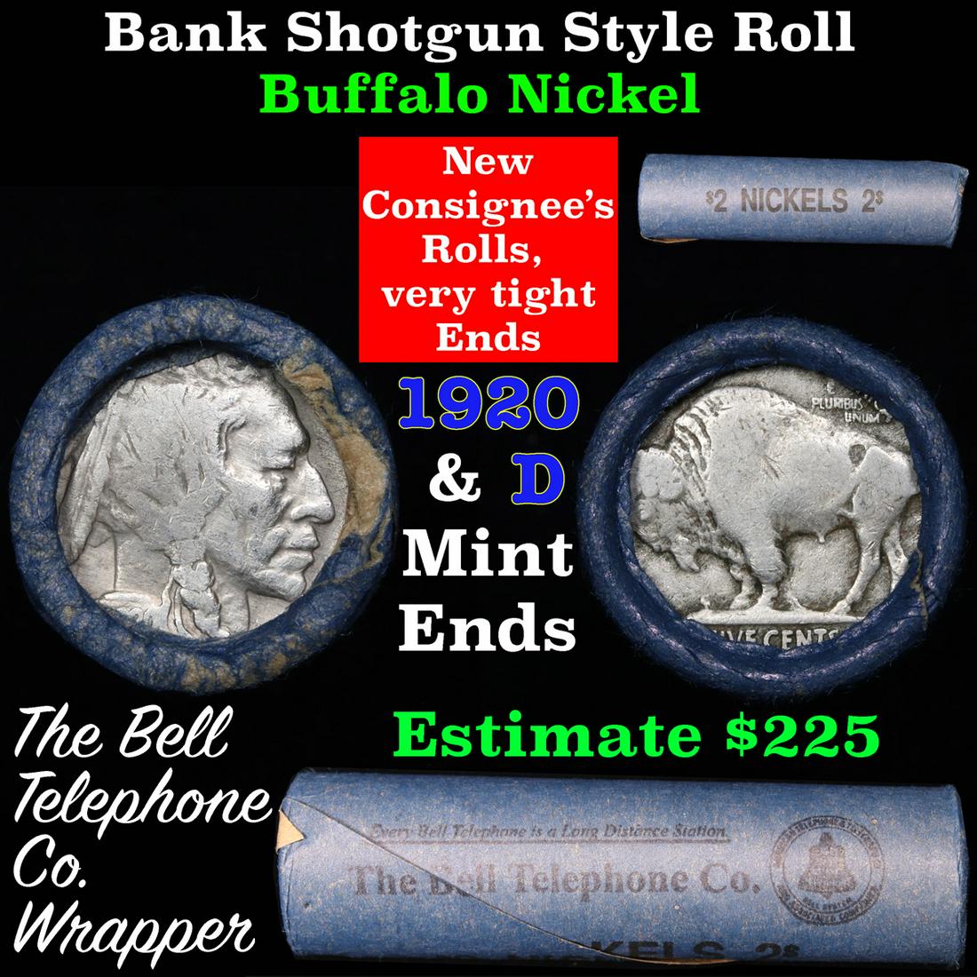 Buffalo Nickel Shotgun Roll in Old Bank Style 'Bell: Buffalo Nickel Shotgun Roll in Old Bank Style 'Bell Telephone' Wrapper 1920 & d Mint Ends. The roll is held in an old, rare "Bell Telephone Co." Bank style wrapper. This is the Bell Telephone logo fro