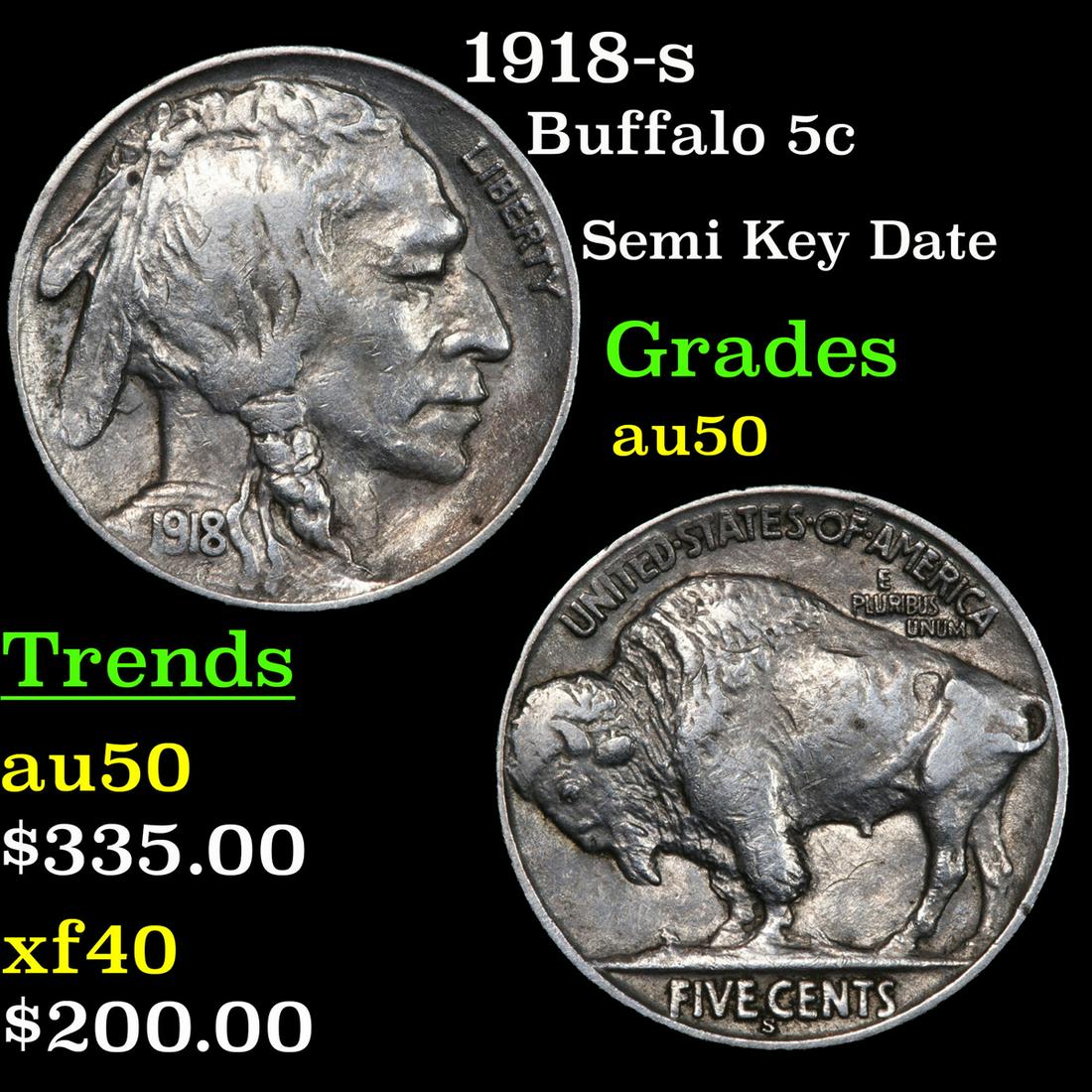 1918-s Buffalo Nickel 5c Grades AU, Almost Unc (1 of 3)