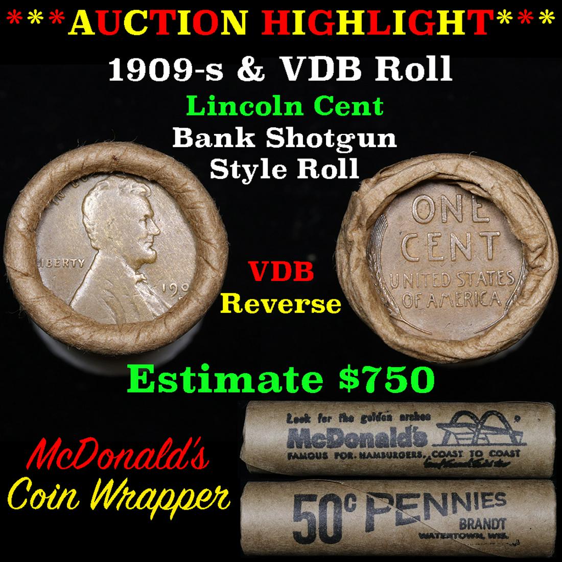 Lincoln Wheat cent 1c orig roll, 1909-s end, VDB other (1 of 5)