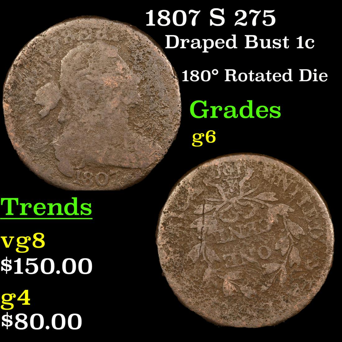 1807 S 275 Draped Bust Large Cent 1c Grades g+ (1 of 3)
