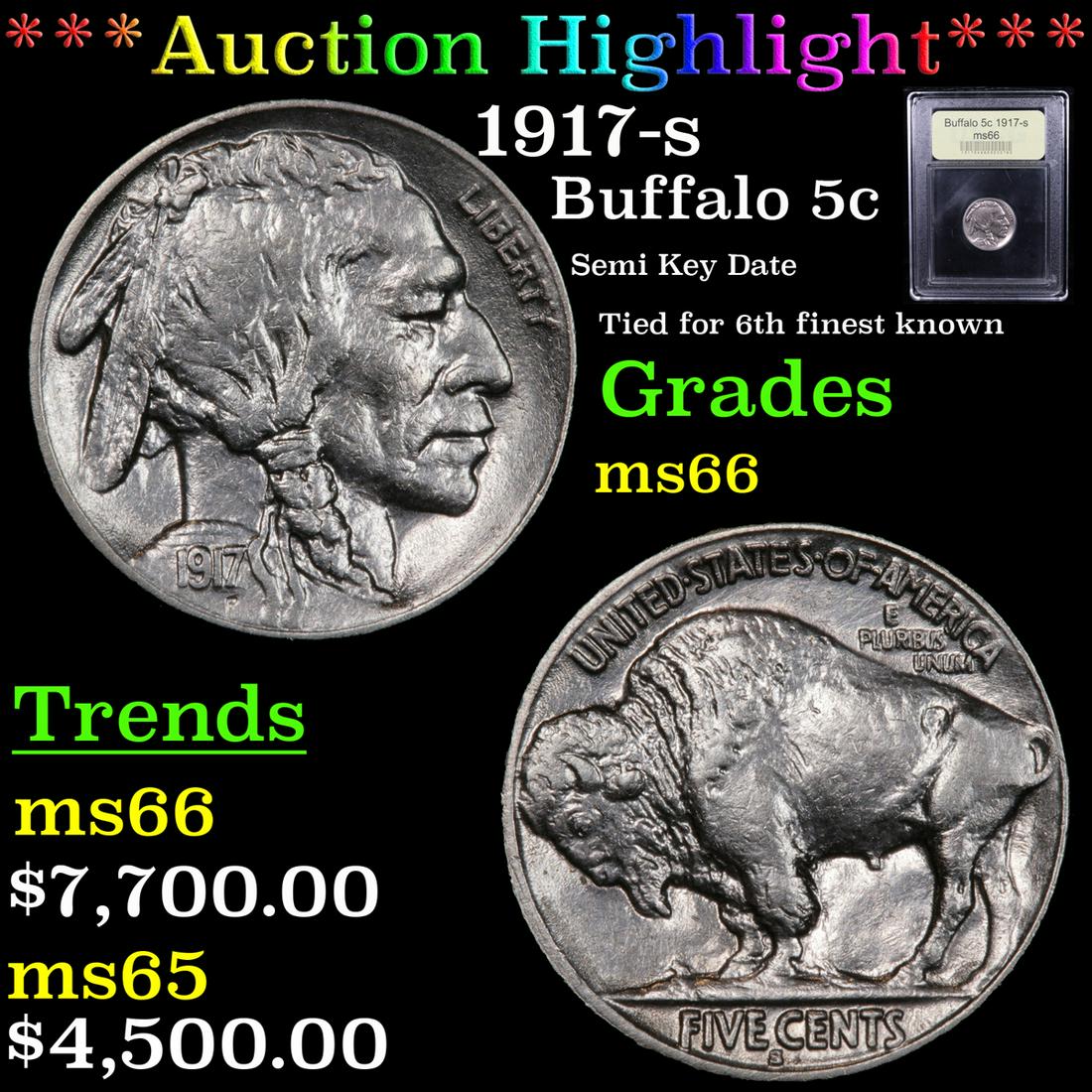 ***Auction Highlight*** 1917-s Buffalo Nickel 5c Graded (1 of 6)