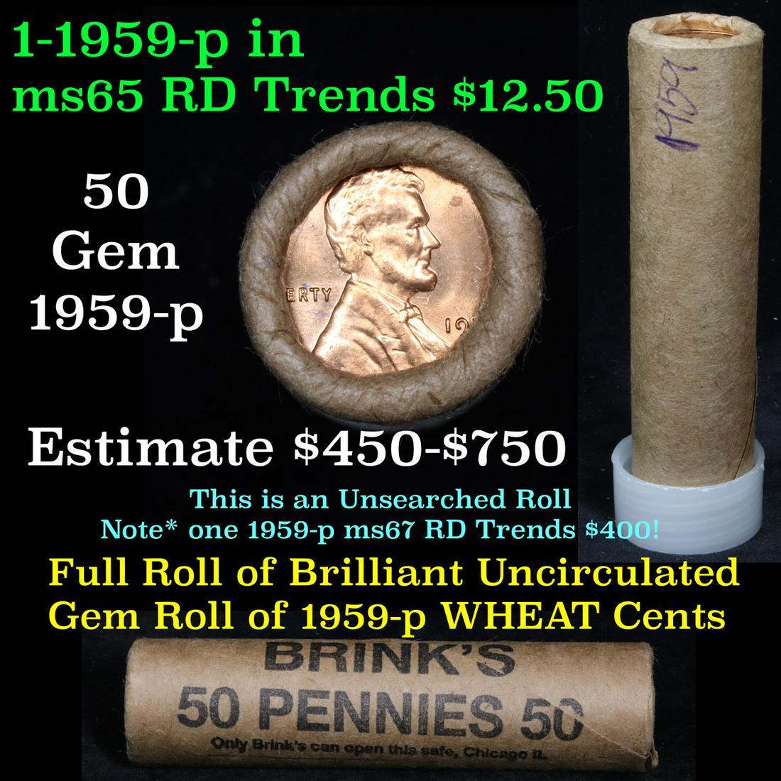 ***Auction Highlight*** Uncirculated 1c orig shotgun: ***Auction Highlight*** Uncirculated 1c orig shotgun roll, 1959-p In Old Brinks wrapper . A terrific orig shotgun roll of Lincoln cents. All coins cherry red. This is in an Old Brinks wrapper, "Only