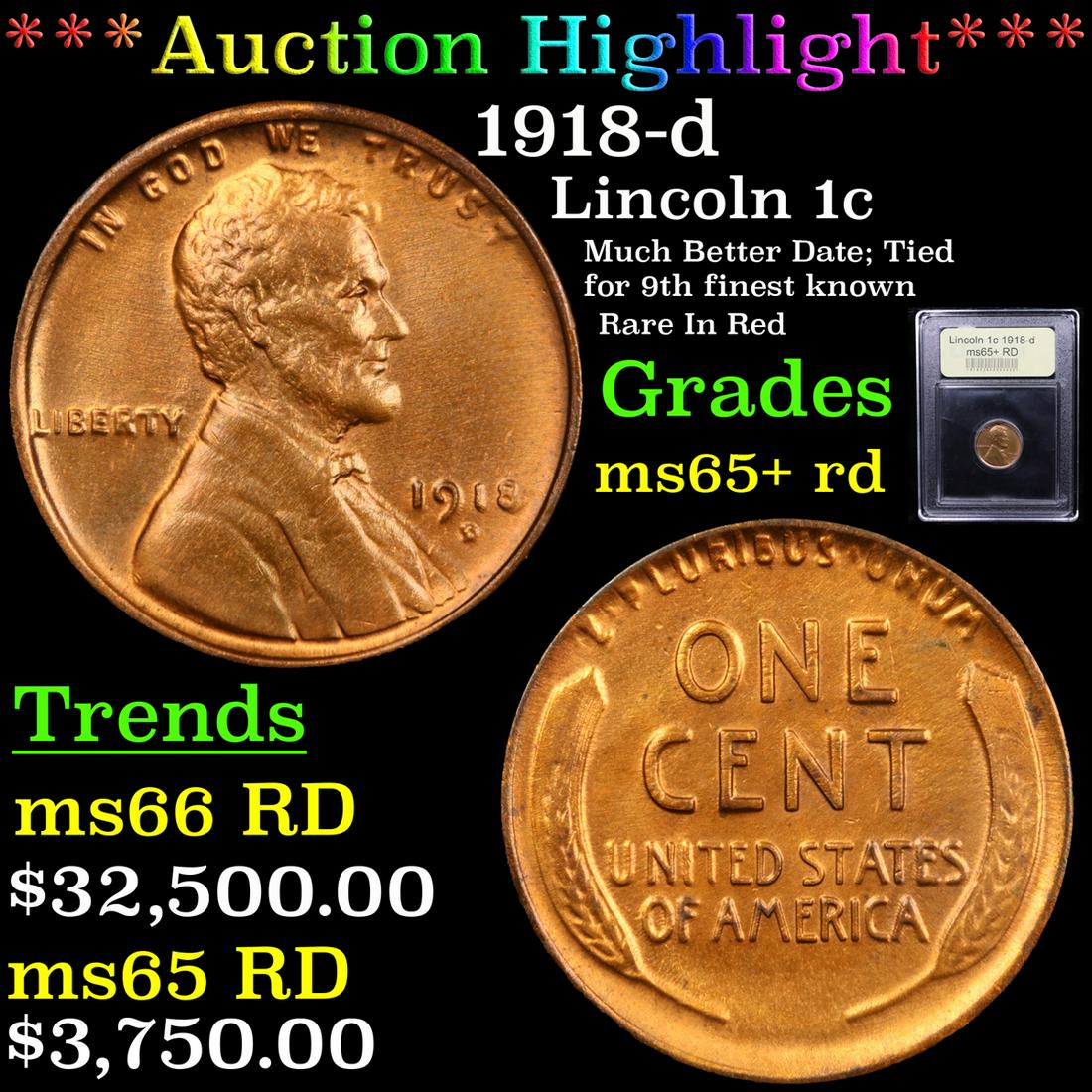 ***Auction Highlight*** 1918-d Lincoln Cent 1c Graded (1 of 5)