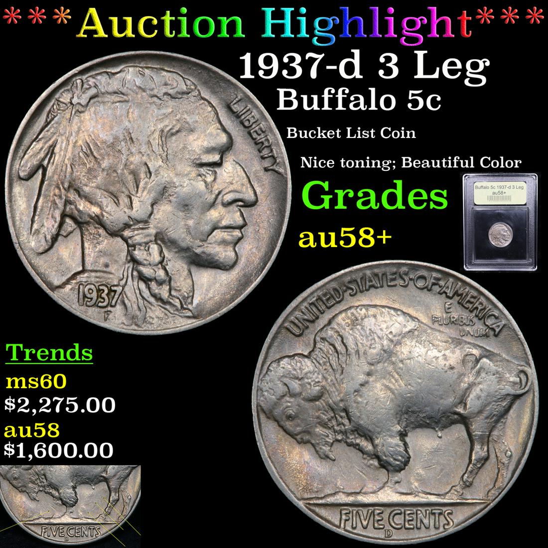 ***Auction Highlight*** 1937-d 3 Leg Buffalo Nickel 5c (1 of 6)