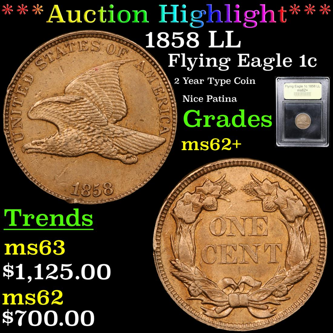 ***Auction Highlight*** 1858 LL Flying Eagle Cent 1c (1 of 5)