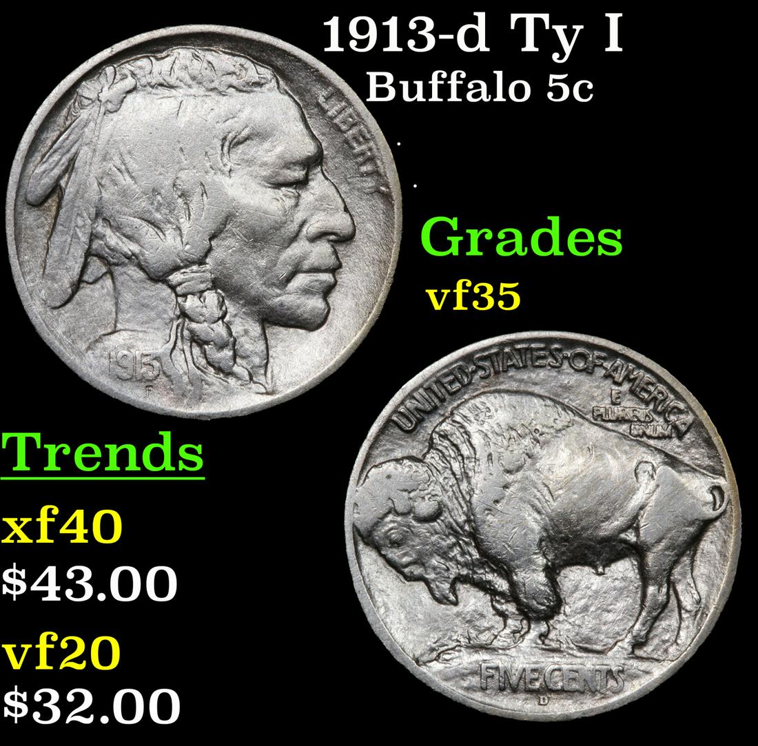 1913-d Ty I Buffalo 5c Grades vf++ (1 of 3)