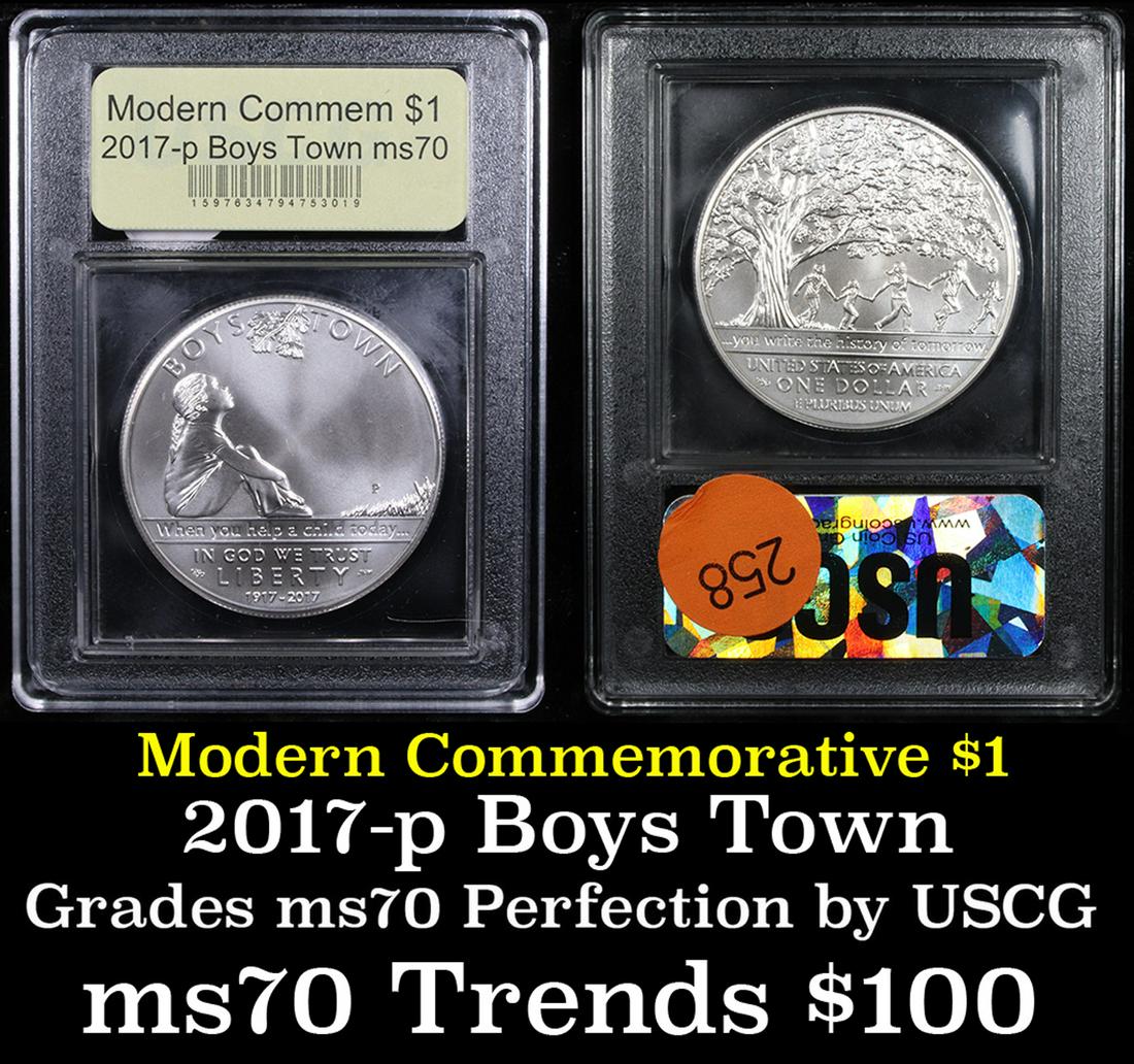 2017-p Boys Town Centennial Modern Commem Dollar $1: 2017-p Boys Town Centennial Modern Commem Dollar $1 Graded By USCG. Obverse: Features a young girl sitting alone and gazing upward into the branches of an oak tree looking for help. The empty space ar