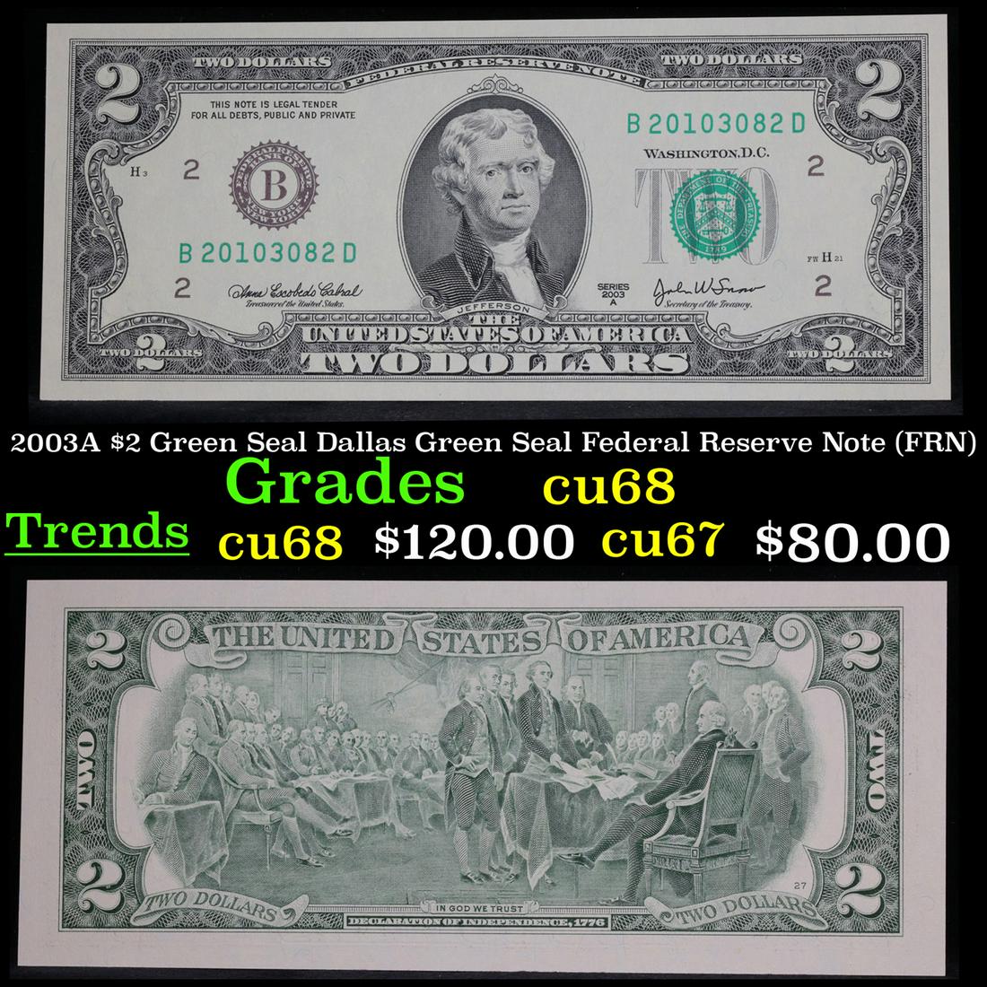 2003A $2 Green Seal Dallas Green Seal Federal Reserve (1 of 3)