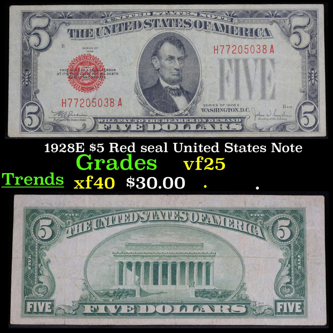 1928E $5 Red Seal United States note grades vf+Each (1 of 3)