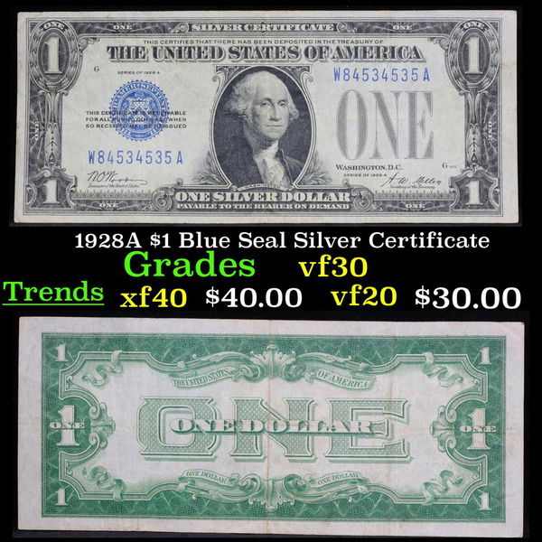 1928a $1 Blue Seal Silver Certificate Grades Vf   1928a $1 Blue Seal Silver Certificate Grades Vf