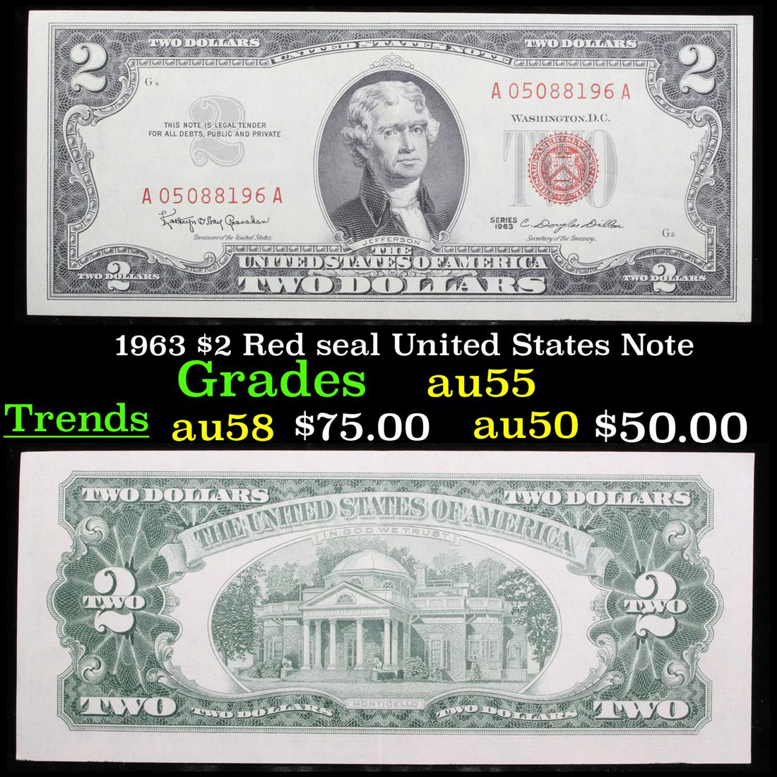 1963 $2 Red seal United States Note Grades Choice AU (1 of 3)