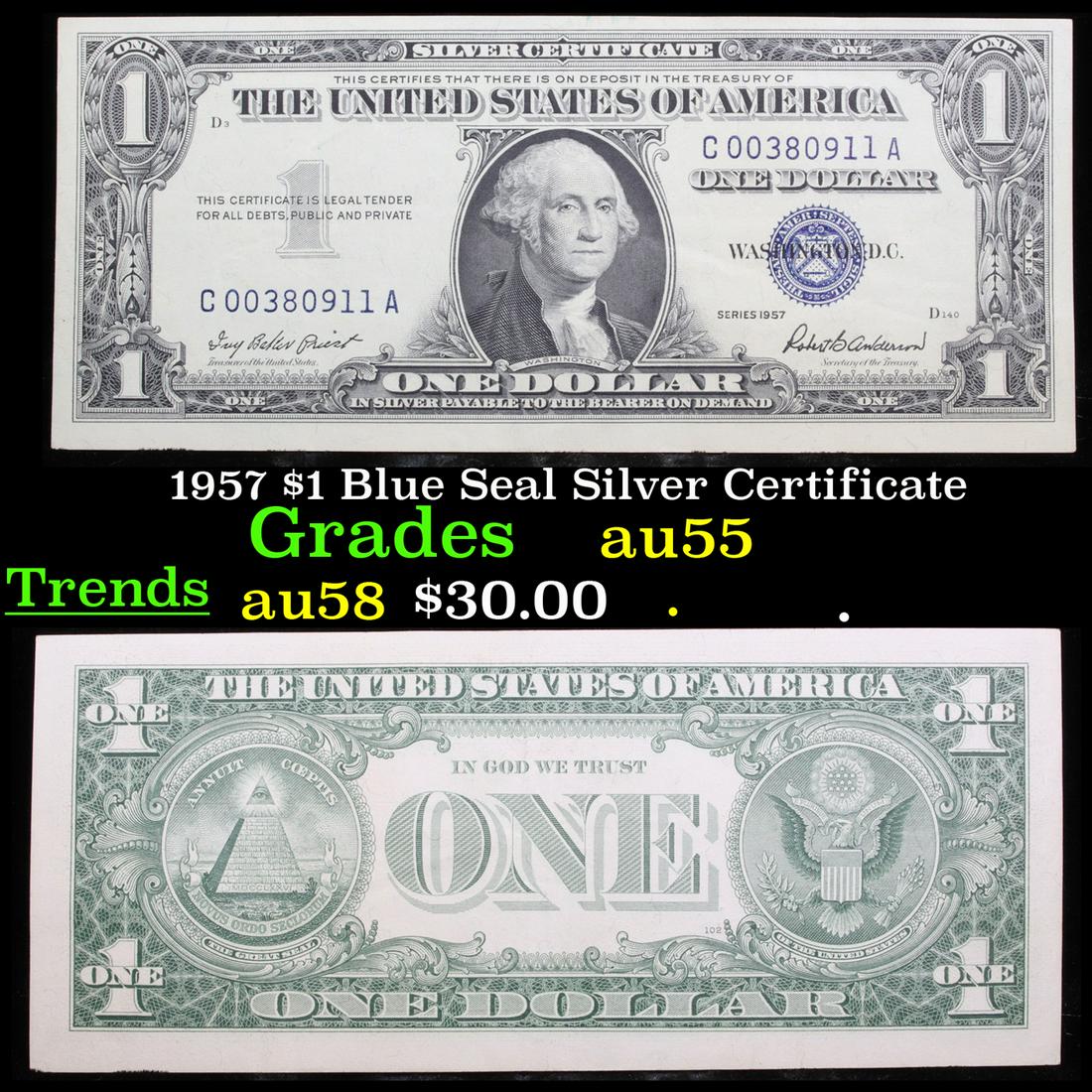 1957 $1 Blue Seal Silver Certificate Grades Choice AU (1 of 3)