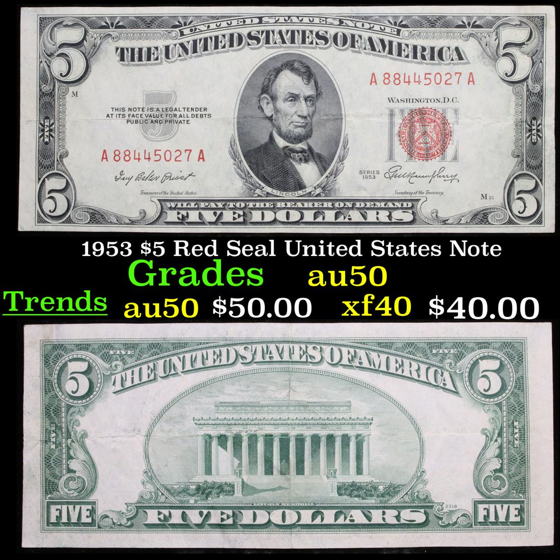 1953 $5 Red Seal United States Note Grades AU, Almost (1 of 3)
