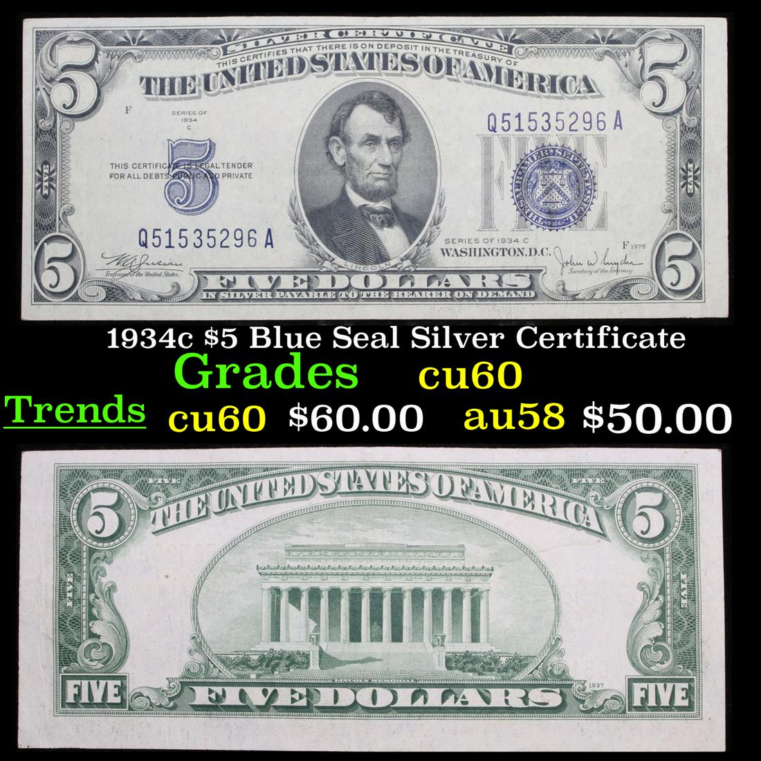 1934c $5 Blue Seal Silver Certificate Grades Choice CU (1 of 3)