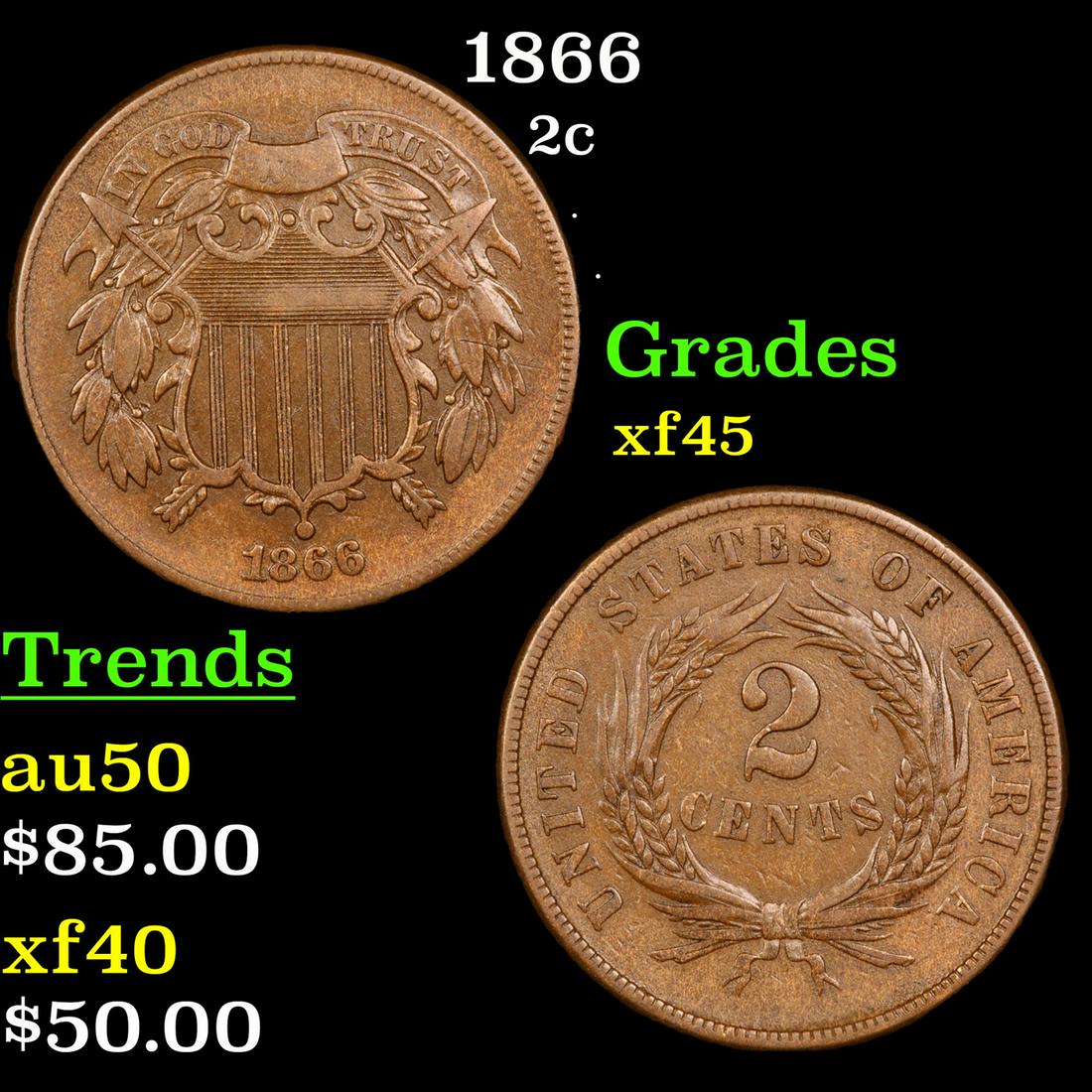 1866 Two Cent Piece 2c Grades xf+ (1 of 3)