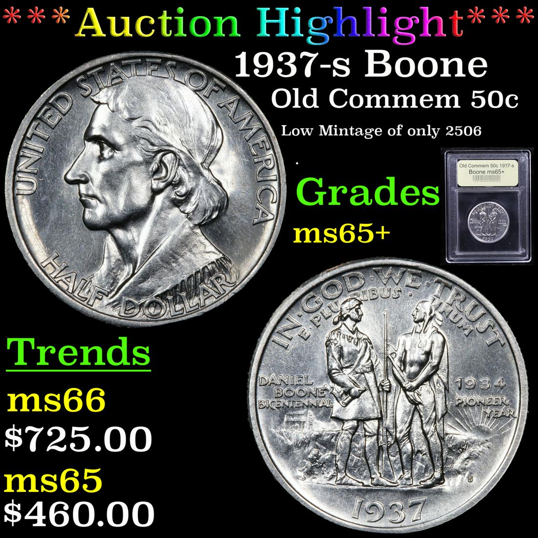 ***Auction Highlight*** 1937-s Boone Old Commem Half: ***Auction Highlight*** 1937-s Boone Old Commem Half Dollar 50c Graded GEM+ Unc By USCG. A Corey's Pick, Bid to Win Coin