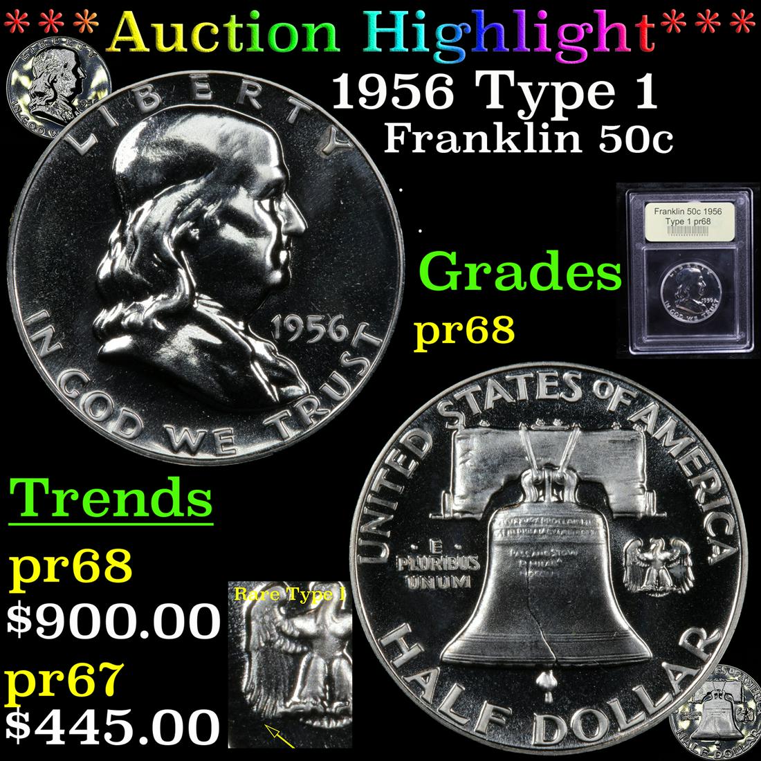 Proof ***Auction Highlight*** 1956 Type 1 Franklin Half (1 of 8)