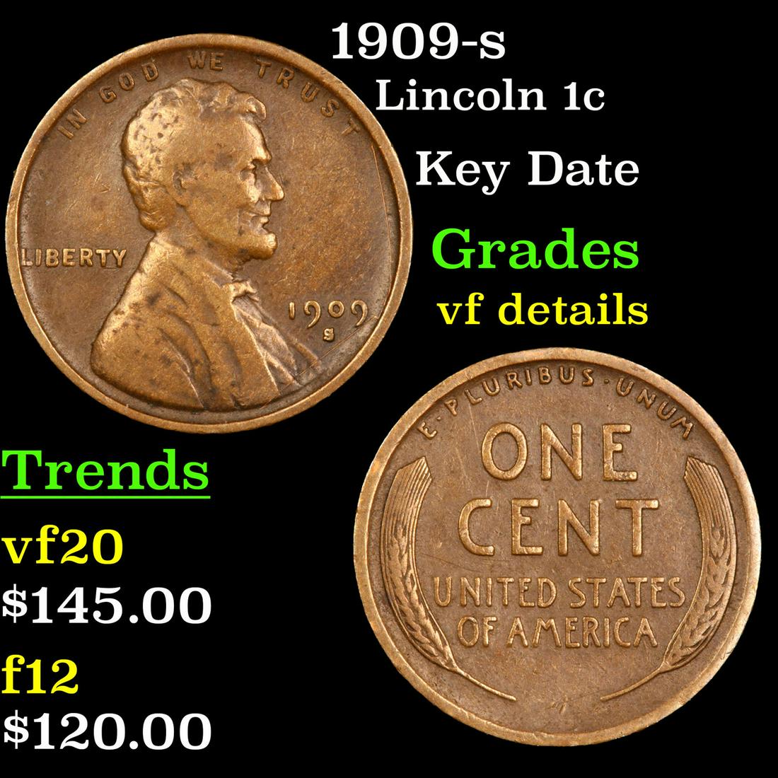 1909-s Lincoln Cent 1c Grades vf details (1 of 3)