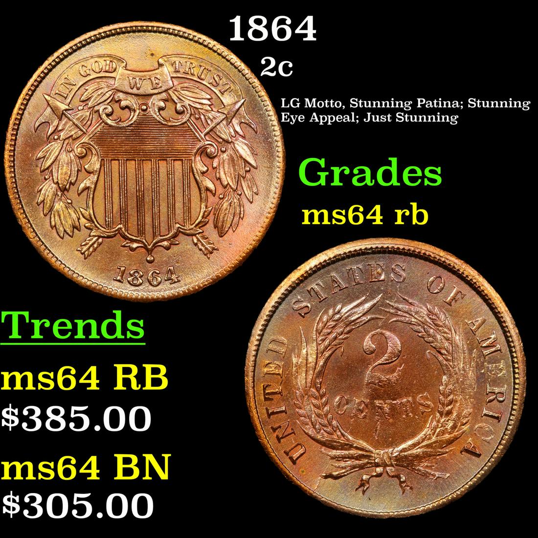 1864 Two Cent Piece 2c Grades Choice Unc RB (1 of 3)