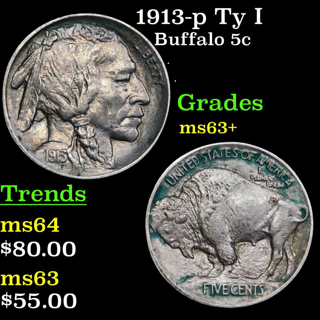 1913-p Ty I Buffalo Nickel 5c Grades Select+ Unc (1 of 3)