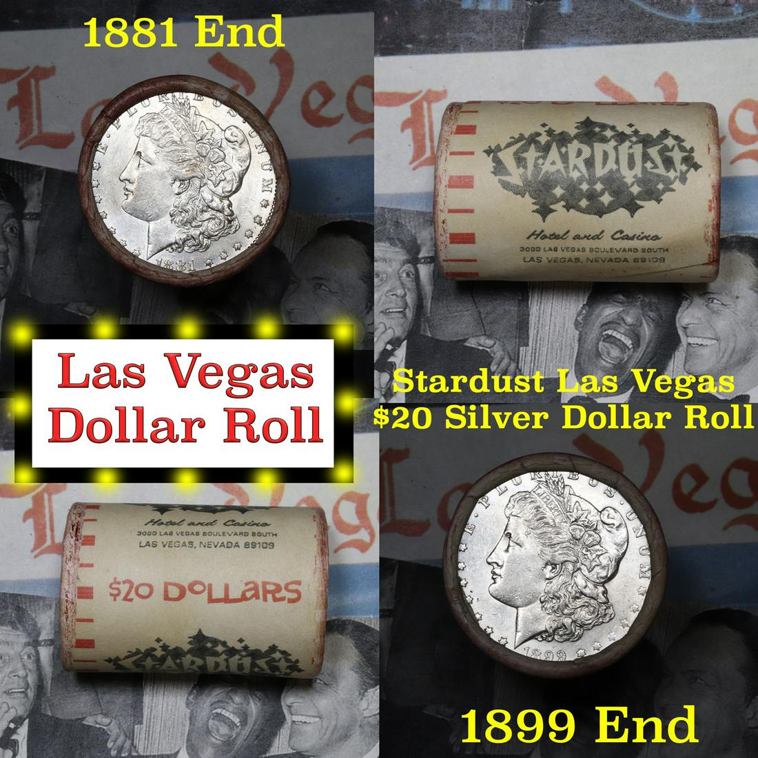 ***Auction Highlight*** Full Morgan/Peace Stardust: ***Auction Highlight*** Full Morgan/Peace Stardust Hotel silver $1 roll $20, 1881 & 1899 ends Grades. This roll is held in an old casino wrapper from the Stardust Hotel and Casino in Las Vegas. This r