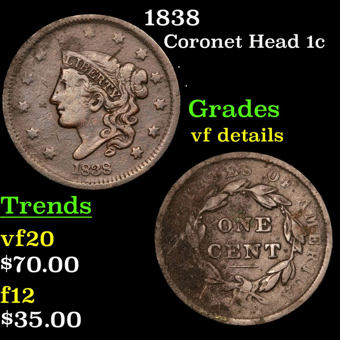 1838 Coronet Head Large Cent 1c Grades vf details (1 of 3)