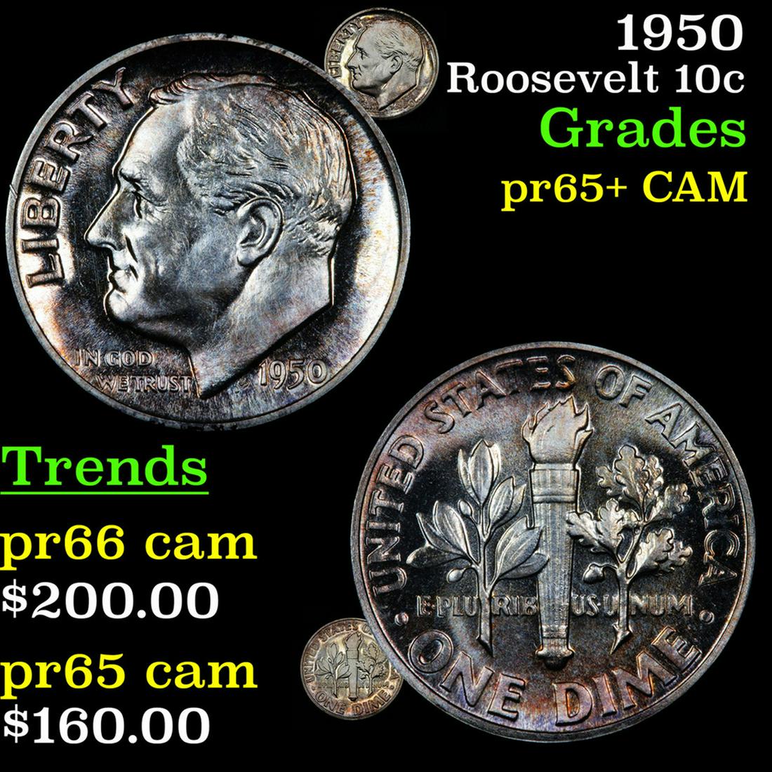 Proof 1950 Roosevelt Dime 10c Grades GEM+ Proof Cameo (1 of 7)