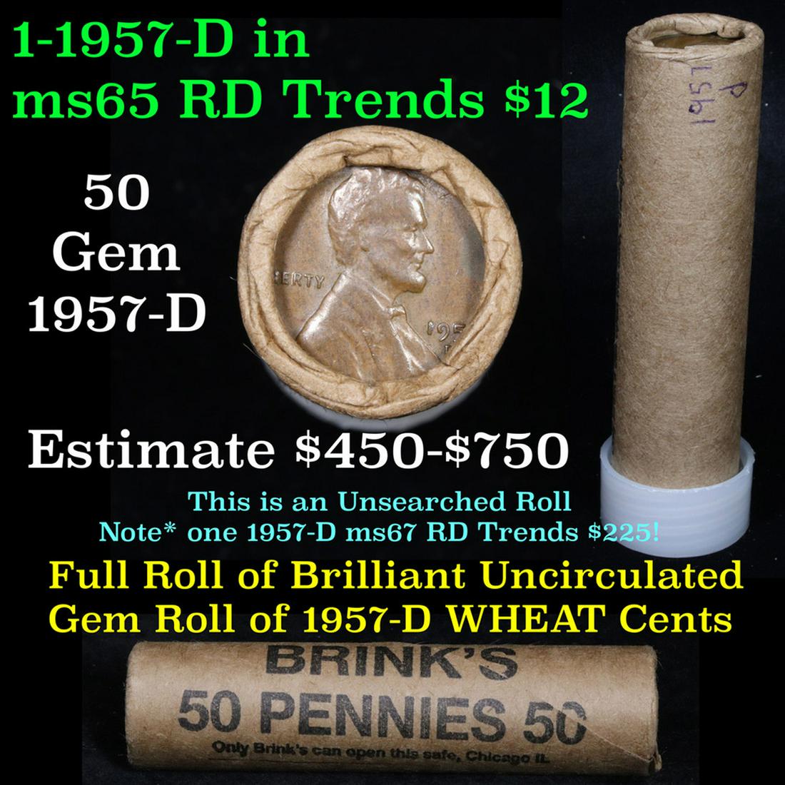 ***Auction Highlight*** Uncirculated 1c orig shotgun: ***Auction Highlight*** Uncirculated 1c orig shotgun roll, 1957-d In Old Brinks wrapper . A terrific orig shotgun roll of Lincoln cents. All coins cherry red. This is in an Old Brinks wrapper, "Only B
