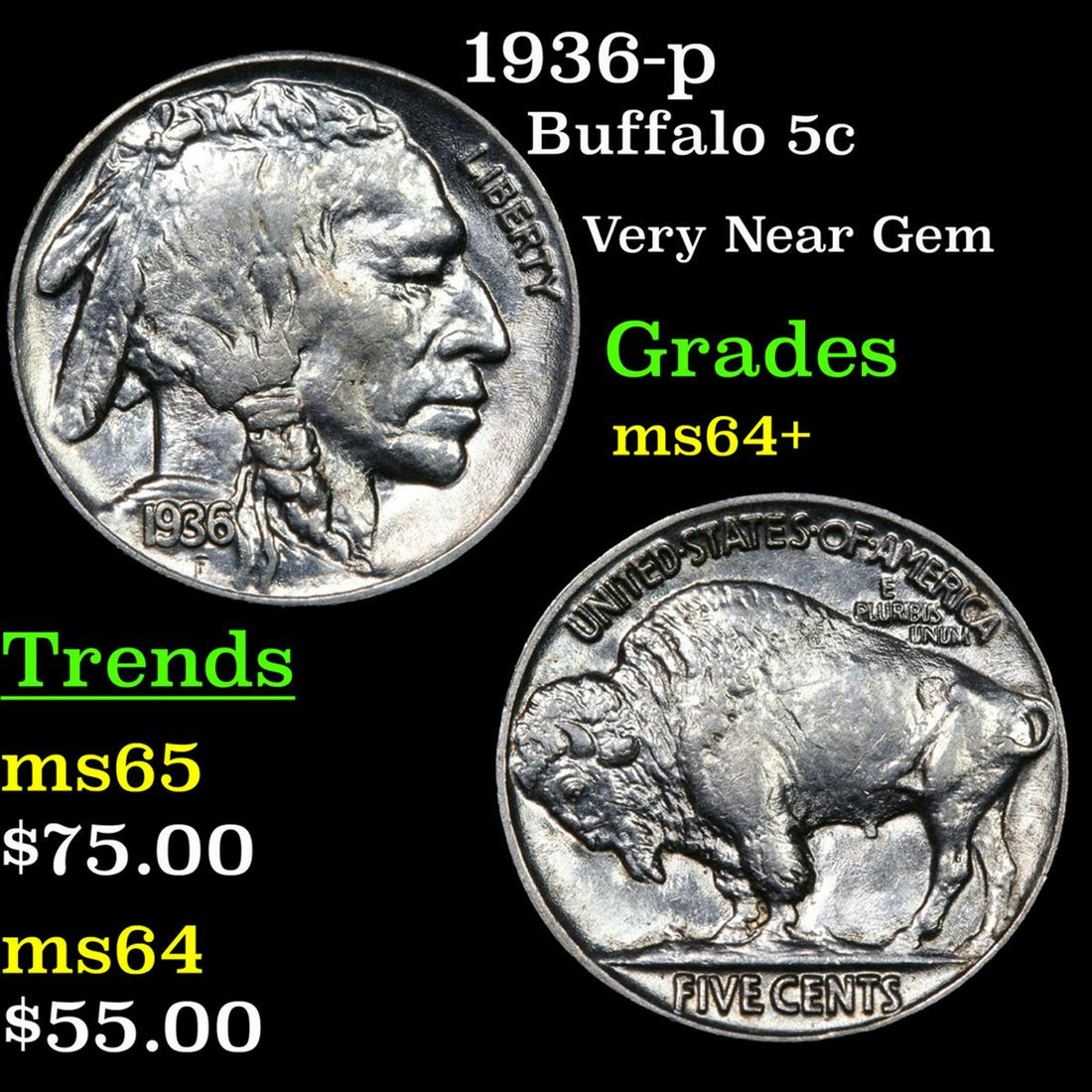 1936-p Buffalo Nickel 5c Grades Choice+ Unc (1 of 3)