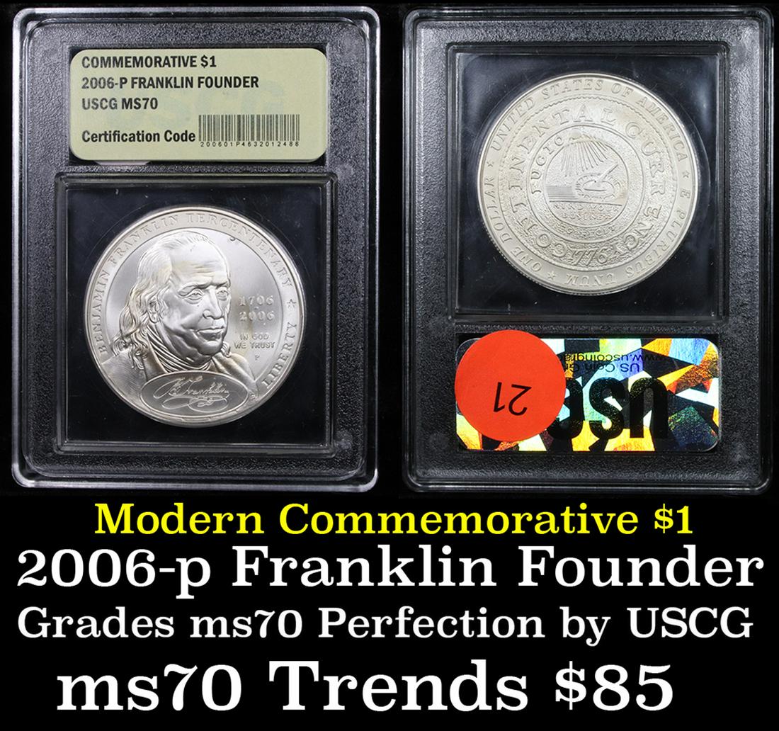 2006-p Ben Franklin Founding Father Modern Commem: 2006-p Ben Franklin Founding Father Modern Commem Dollar $1 Grades ms70, Perfection By USCG. This coin was issued in two varieties. One scientist and one founding father. Both are issued to commemorat
