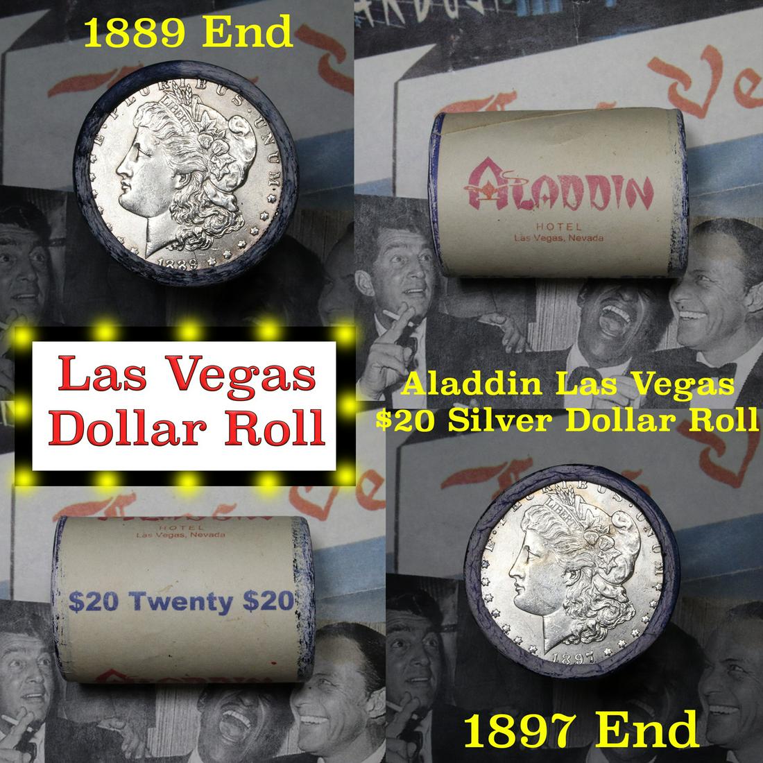 ***Auction Highlight*** Full Morgan/Peace Aladdin Hotel: ***Auction Highlight*** Full Morgan/Peace Aladdin Hotel silver $1 roll $20, 1889 & 1897 ends. This roll is held in an old casino wrapper from the Aladdin Hotel and Casino in Las Vegas. This roll conta