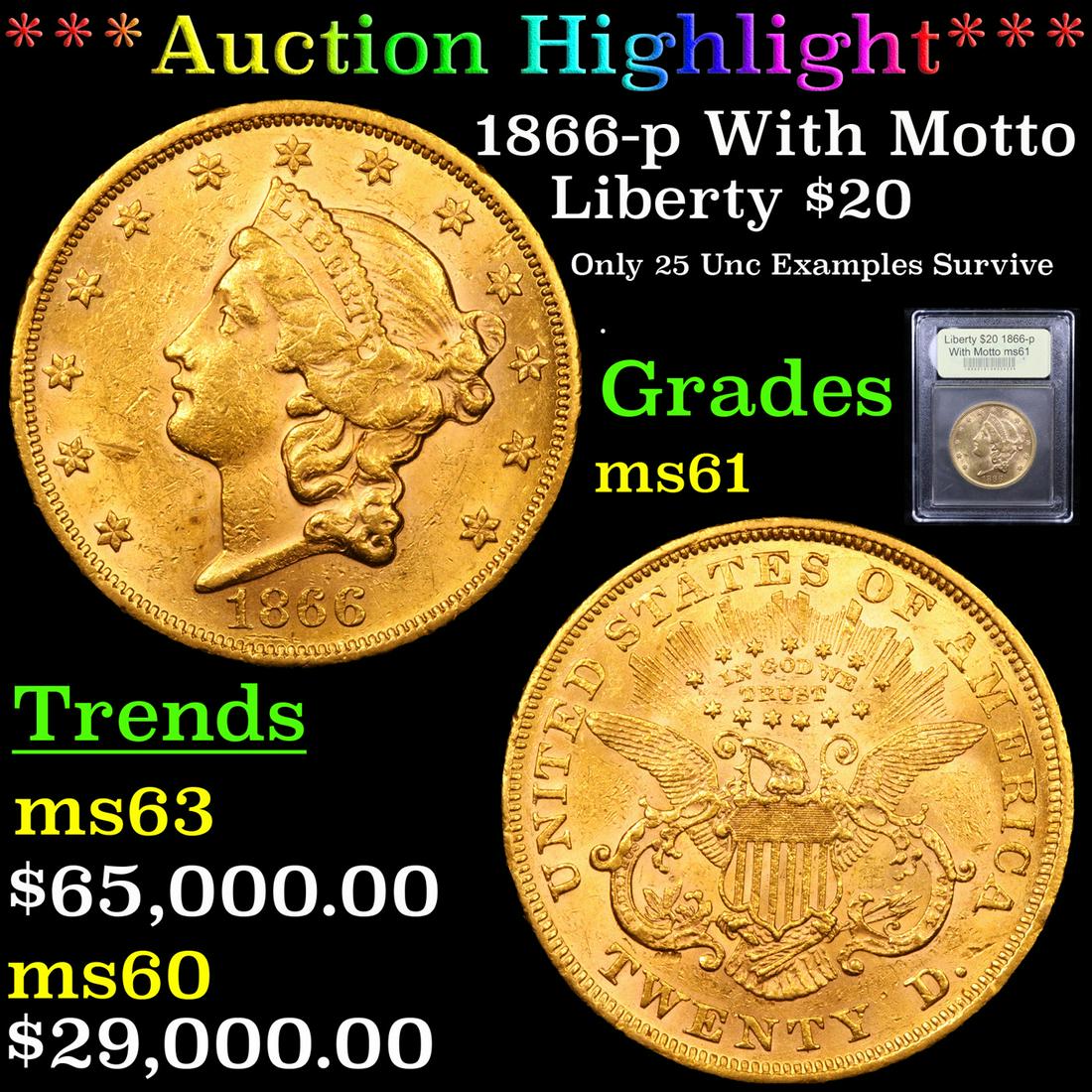 *Highlight* 1866-p With Motto Liberty $20 Graded BU+ (1 of 5)