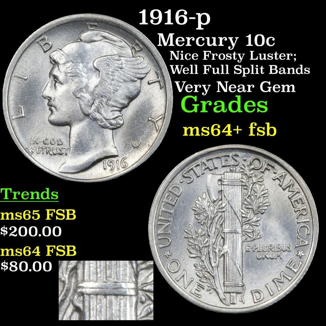 1916-p Mercury 10c Grades Choice Unc+ FSB (1 of 5)