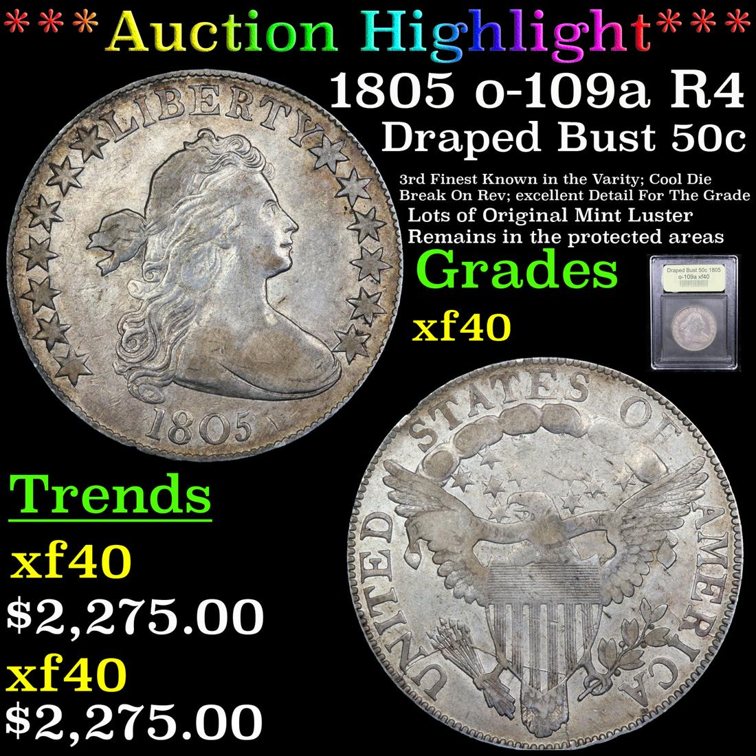 *Highlight* 1805 o-109a R4 Draped Bust 50c Graded xf (1 of 5)