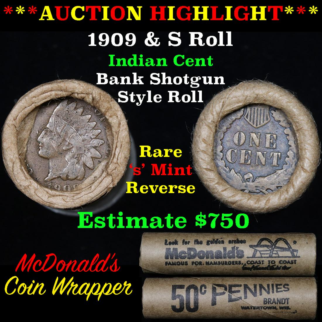 Indian 1c Shotgun Roll, 1909 end, KEY date 's' mint end (1 of 5)