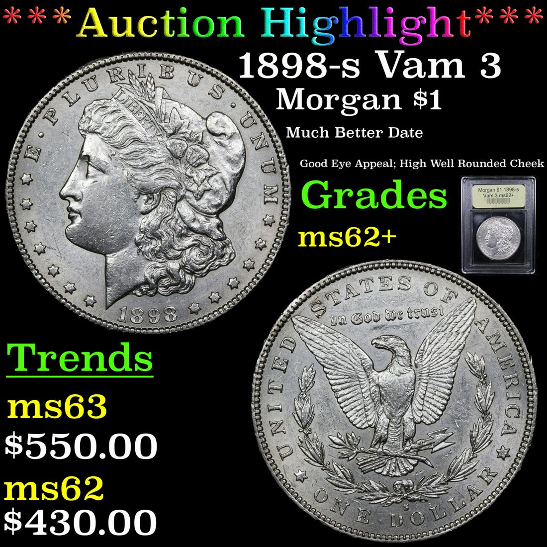 *Highlight* 1898-s Vam 3 Morgan $1 Graded Select Unc (1 of 5)