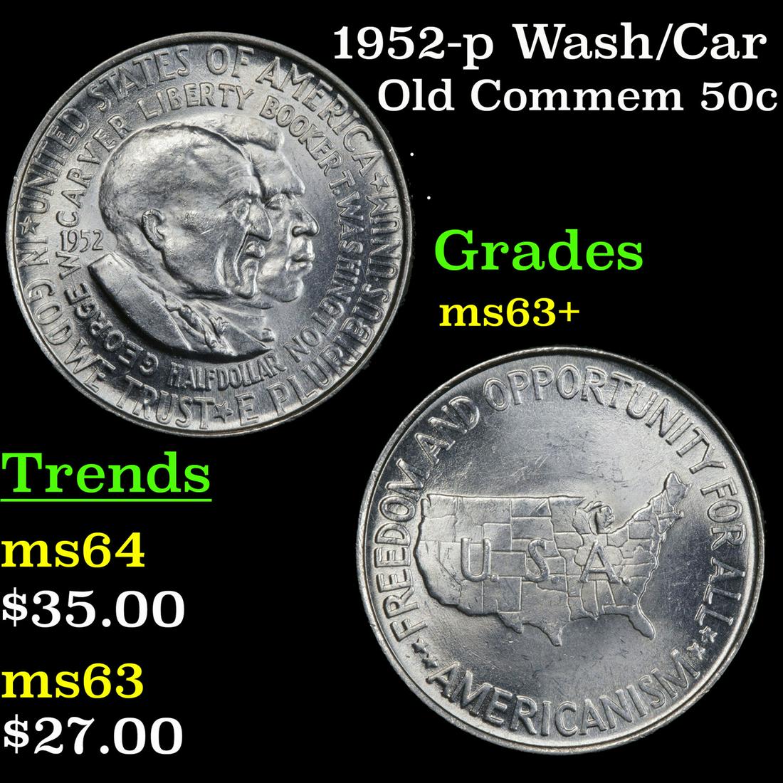1952-p Wash/Car Old Commem 50c Grades Select+ Unc (1 of 3)