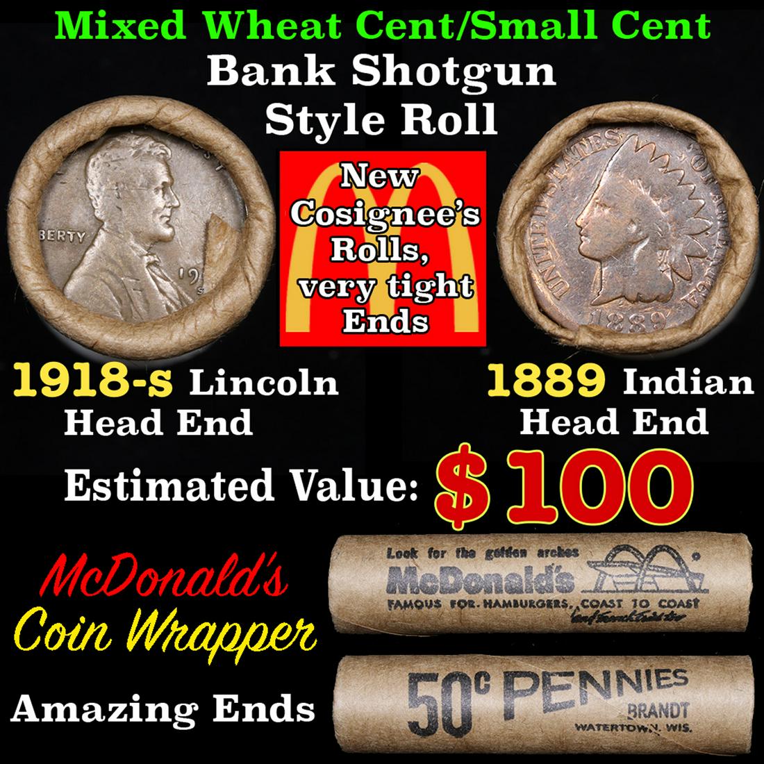 Mixed small cents 1c orig shotgun roll, 1918-s Wheat (1 of 5)