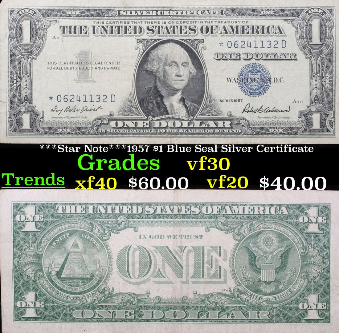 ***Star Note***1957 $1 Blue Seal Silver Certificate: ***Star Note***1957 $1 Blue Seal Silver Certificate Grades vf++. When notes are discovered that have been printed incorrectly (such as having the serial numbers upside down, etc.) the misprinted "erro